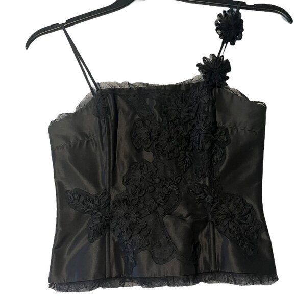 Rickie Freeman by Teri Jon Women's 2 Black Floral Boned Corset Top Silk Gothic - Picture 1 of 9